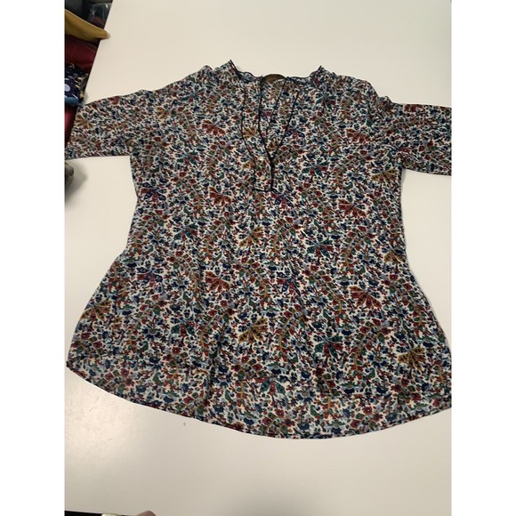 Zara Basic Boho Floral Navy Blue Red Gold Green Popover Blouse Top Shirt Size M - Picture 14 of 14